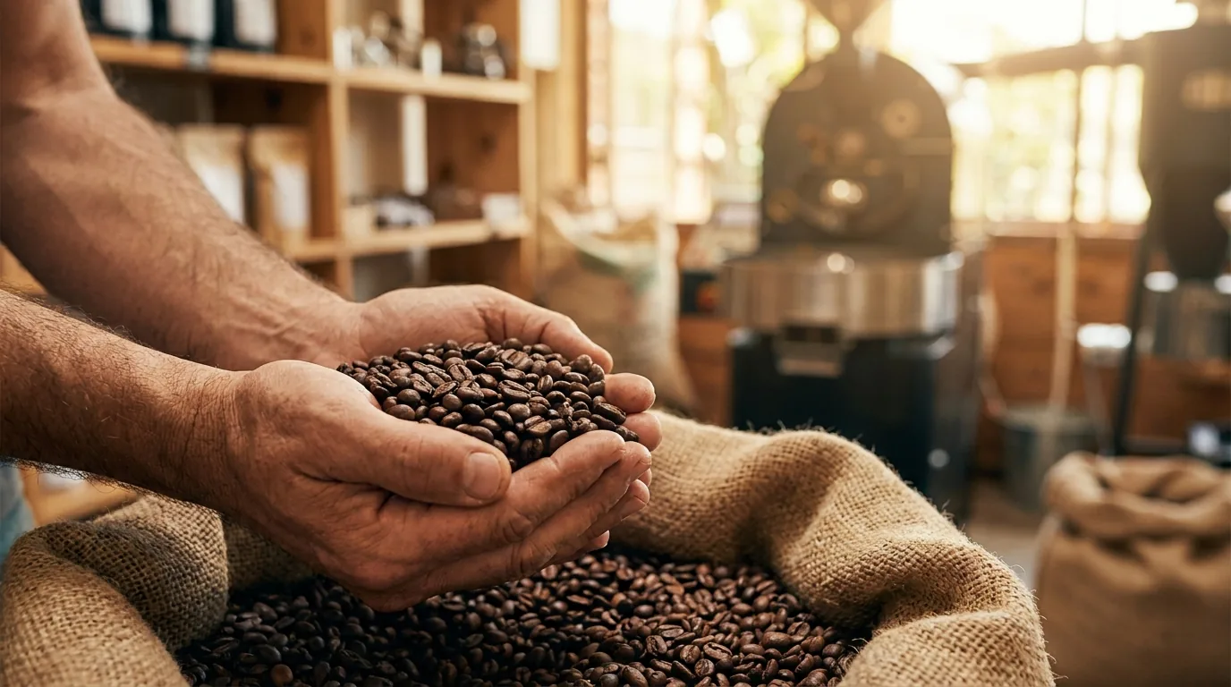 Freshly roasted beans in hand